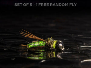 3 caddis pupa + 1 FREE random fly